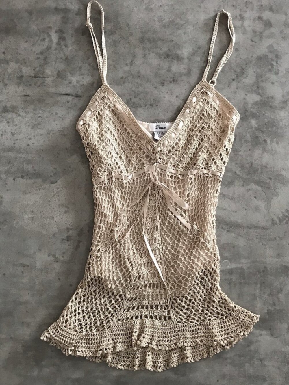 Vintage Y2K RAVE Cami Top Medium Babydoll Fishnet Boho Fairy Grunge Indie Hippie